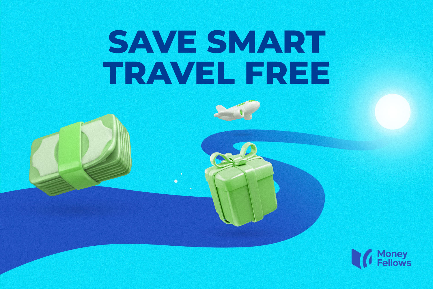 a vector style map with a plan, money, and a gift box above it from plan your next trip debt free with money fellows article