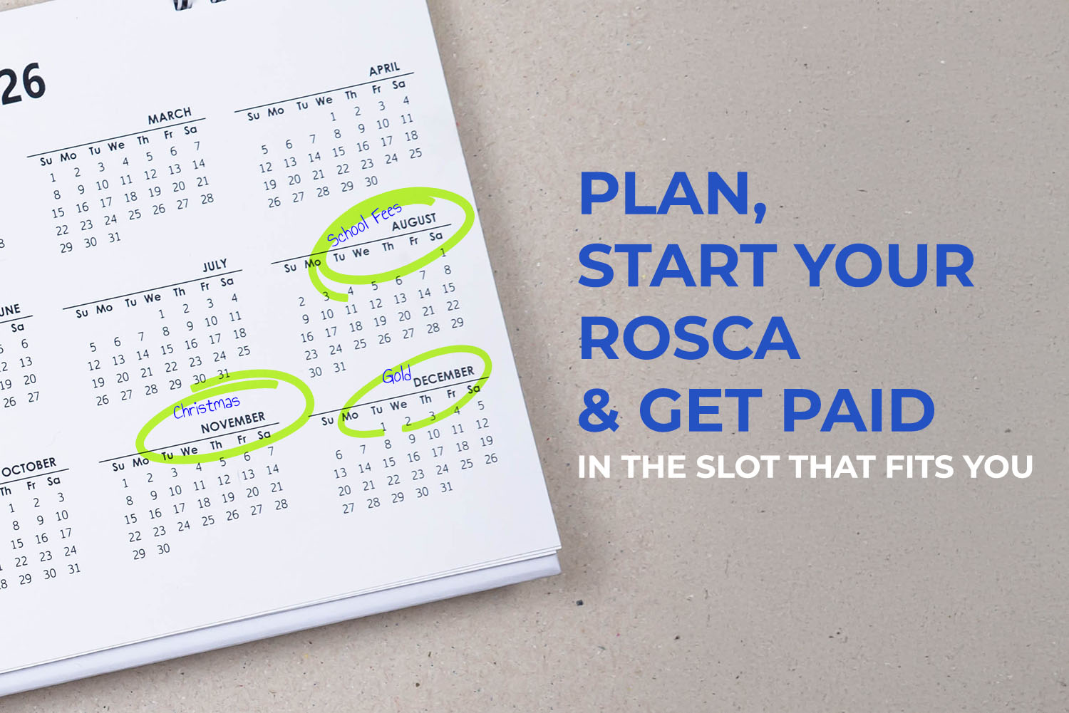 Calendar with a mark on August, November, and December with their occasions on them