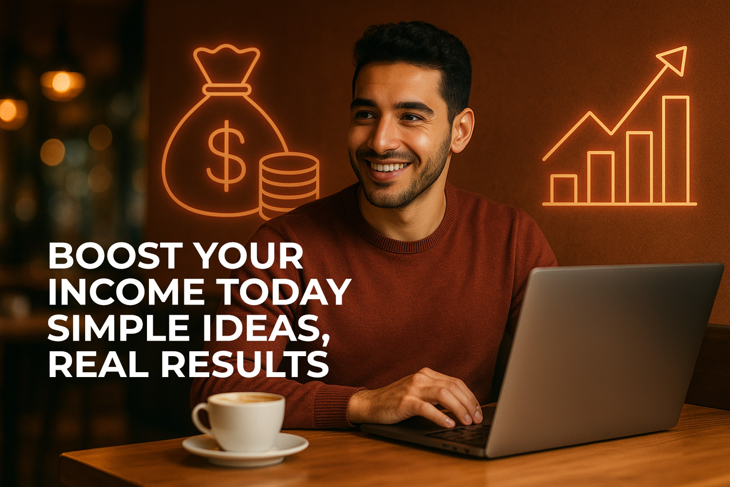 a young man setting on a table with a laptop and a cup of coffee on it from smart ways to increase your income in Egypt article