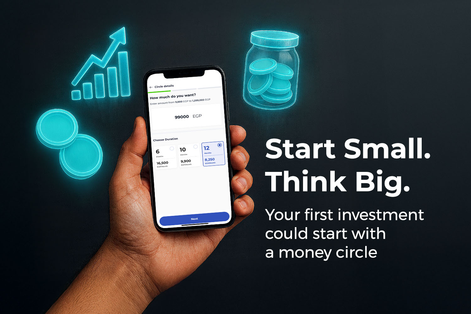 a hand holding a mobile phone with money fellows app on its screen from "how to invest with a small amount in Egypt?" article