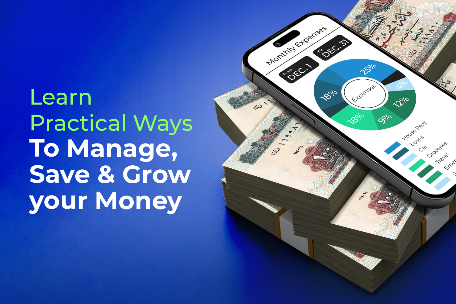 A mobile on a bulk of Egyptian pounds while on its screen appears a monthly expenses chart from stress-free ways to save money on money fellows blog