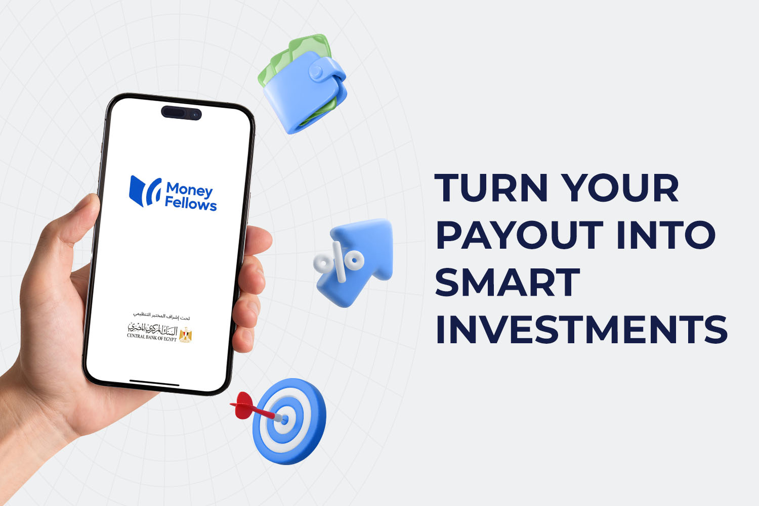 a hand holding a mobile phone with Money fellows app on the screen and CBE logo