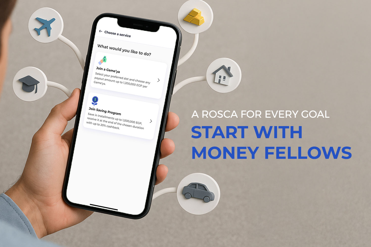 a hand holding a mobile with money fellows app on it screen and surrounded by plane icon, home and car icons