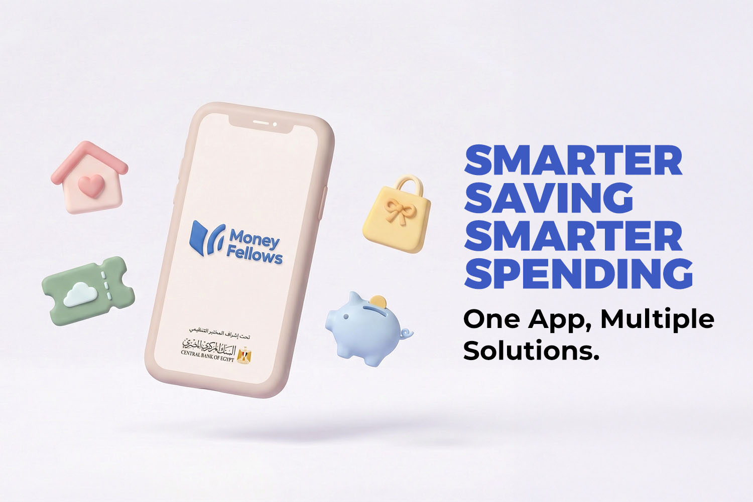 an illustration design for a mobile with money fellows app logo and CBE logo on its screen and surrounding with home, money, and shopping icons from money fellows app your go to financial tool article