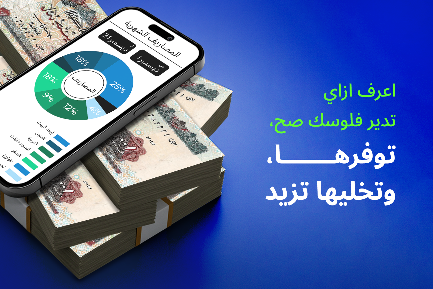 موبايل محطوط على فلوس مصرية وعلى شاشته المصاريف الشهرية متقسّمة بين إيجار البيت والديون من مقال مدخرات من غير ضغط: ازاي تبدأ تحويش بذكاء